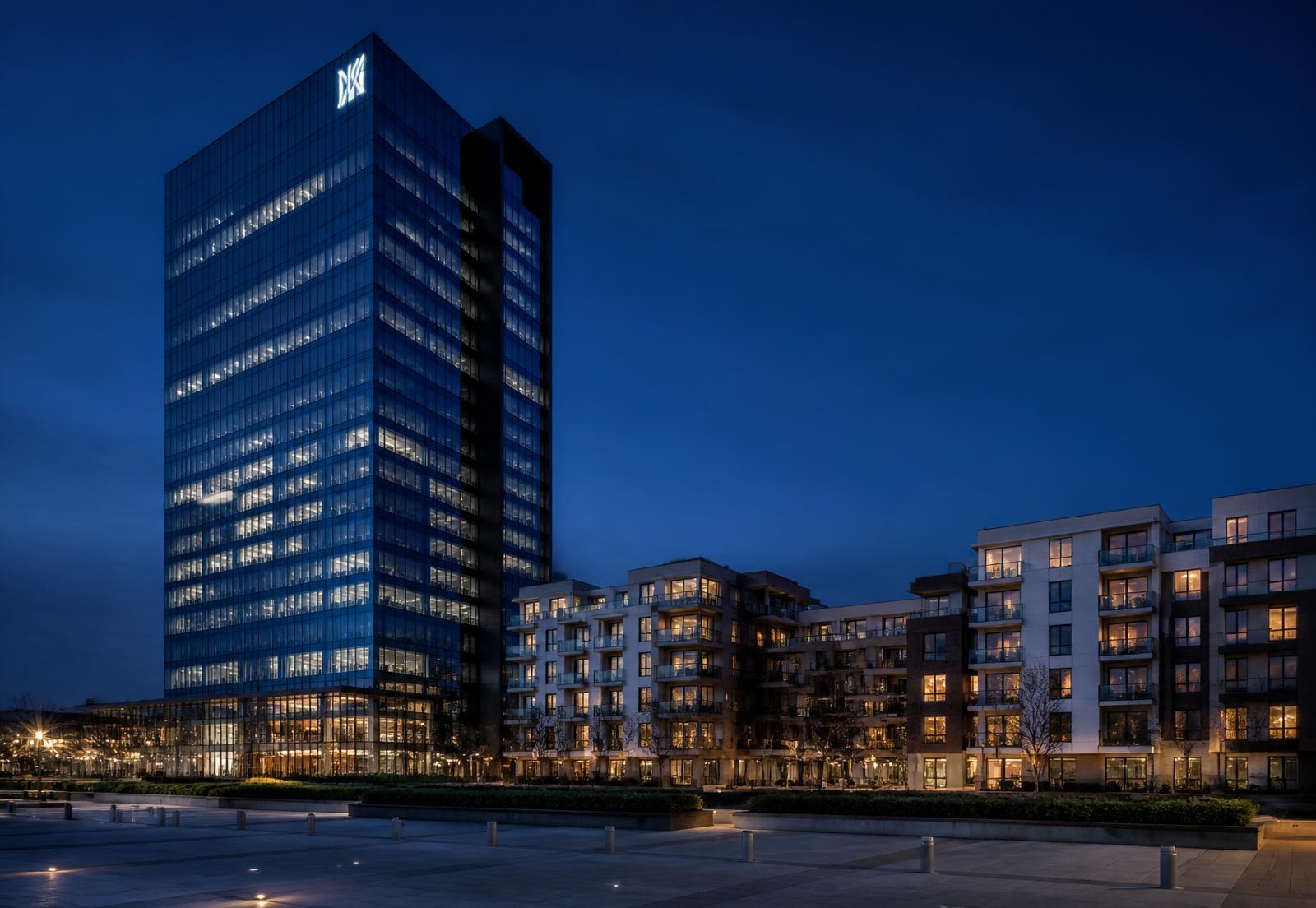 Modern office towers at dusk (placeholder image)