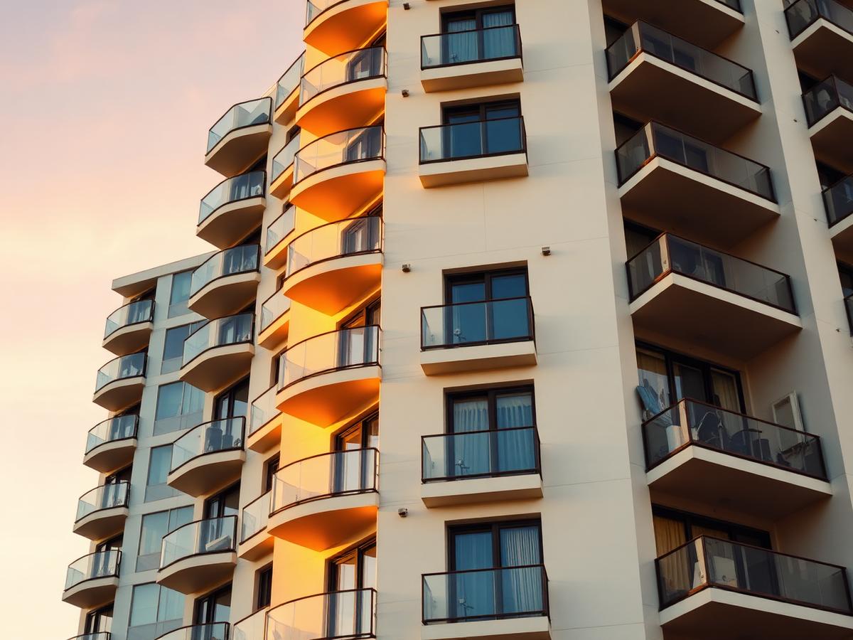 Contemporary apartment building with balconies at golden hour